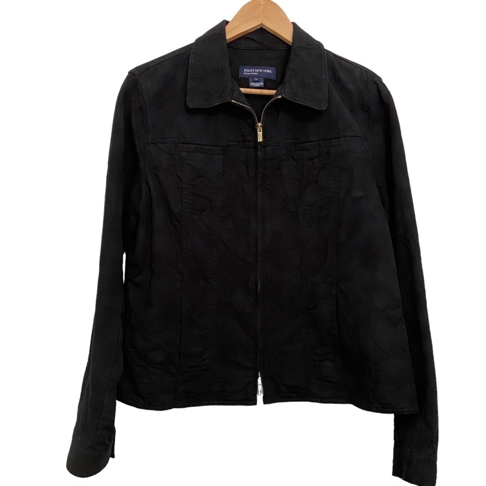 JONES New York Black blazer zip-up jacket 100% cotton tapestry pockets Large